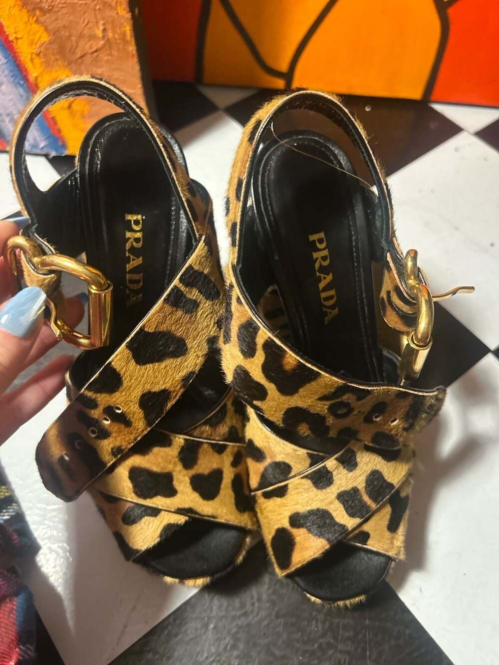 Prada Leopard Print Calf Hair Platform Ankle Strap Sandals Size 37